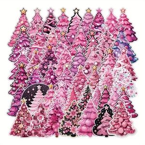 50pcs Cartoon Pink Christmas Tree Stickers For Stationery, Books, Laptops